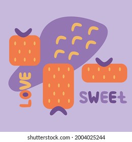 Abstract memphis style poster with geometric shape strawberry, arcs, sweet and love hand drawn lettering, abstract shape spot on background. Contemporary art for social media, cards, prints vector