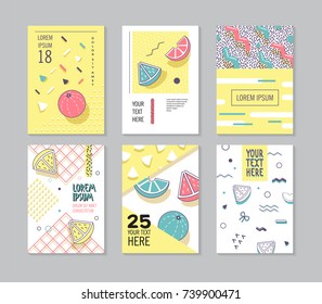 Abstract Memphis Style Posters Set. Geometric Shapes Cards. Trendy 80s-90s Patterns. Vector illustration