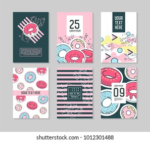 Abstract Memphis Style Posters Template Set. Vintage Hipster Fashion 80s-90s Backgrounds with Donuts for Banners, Ad, Cover. Vector illustration