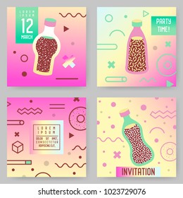 Abstract Memphis Style Posters Templates Set. Vintage Hipster Fashion 80s-90s Backgrounds with Drinks for Banners, Ad, Covers, Placards. Vector illustration