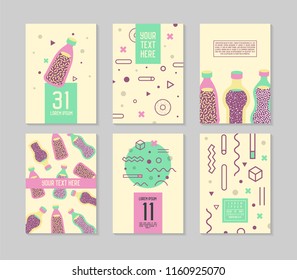 Abstract Memphis Style Posters Templates Set. Vintage Hipster Fashion 80s-90s Backgrounds with Drinks for Banners, Ad, Covers, Placards. Vector illustration