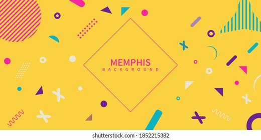 abstract Memphis style retro background with multicolored simple geometric shapes. Vector Illustration