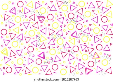 Abstract memphis style seamless design pattern, pink and yellow color icons vector background. Geometric figure shapes banner triangle and circles elements, vector design  banner