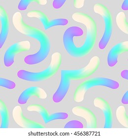 Abstract memphis style seamless pattern. Holographic worms on light gray background.
