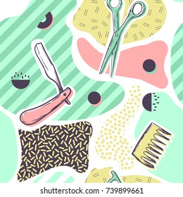 Abstract Memphis Style Seamless Pattern. Barber Shop Background. Hairdresser Vintage Poster Banner. Vector illustration