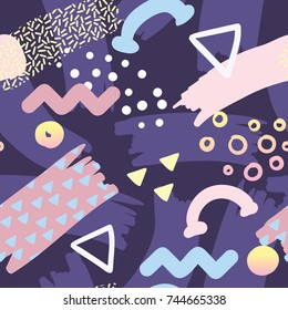 Abstract Memphis Style Seamless Pattern with Geometric and Hand Drawn Elements. Vintage Trendy Composition for Poster, Banners, Design. Vector illustration