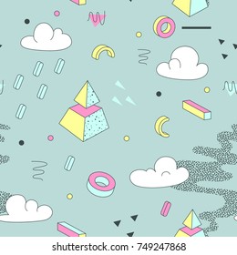 Abstract Memphis Style Seamless Pattern with Geometric Pyramid. Vintage 80-90s Fashion Trendy Composition for Card, Poster, Banners, Cover Design. Vector illustration