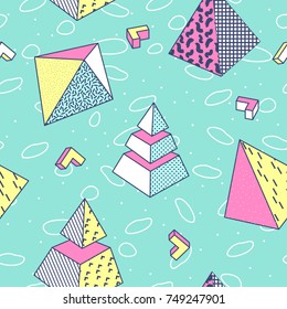 Abstract Memphis Style Seamless Pattern with Geometric Shapes and Pyramid. Vintage 80-90s Fashion Trendy Composition for Poster, Banners, Cover Design. Vector illustration