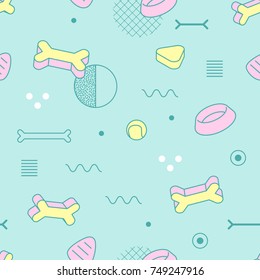 Abstract Memphis Style Seamless Pattern with Geometric Shapes and Dog Food. Vintage 80-90s Fashion Trendy Composition for Wallpaper, Poster, Banners, Cover Design. Vector illustration