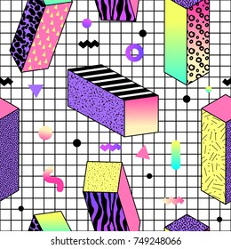 Abstract Memphis Style Seamless Pattern with Geometric Shapes and Cubes. Vintage 80-90s Fashion Trendy Composition for Wallpaper, Poster, Banners, Cover Design. Vector illustration