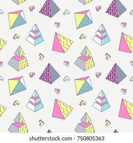 Abstract Memphis Style Seamless Pattern with Geometric Shapes and Pyramid. Vintage 80-90s Fashion Trendy Composition for Wallpaper, Poster, Banners, Cover Design. Vector illustration