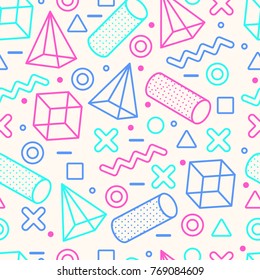 Abstract memphis style seamless pattern with geometric shapes. Vintage composition for poster, banners, cover design, card. Vector illustration.