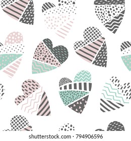 Abstract Memphis Style Seamless Pattern with Hearts. Happy Valentines Day Background for Fabric Textile Warpping Paper. Vector illustration
