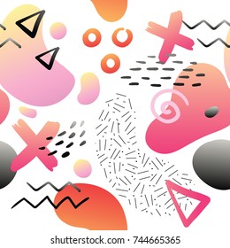 Abstract Memphis Style Seamless Texture with Geometric and Hand Drawn Elements. Creative Modern Composition for Poster, Banners, Design. Vector illustration
