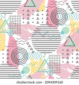 Abstract Memphis style vector seamless pattern. 80s hipster design background. Modern backdrop with scattered circles, zigzag, wave, triangles, lines and paint shapes. Fun repeat for summer, wellness