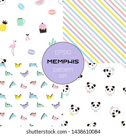 Abstract memphis vector seamless pattern set. Food and drink, diagonal lines, colorful scrawl, cute pandas hand drawn textures. Kawaii decorative backdrops pack. Wrapping paper, textile flat design