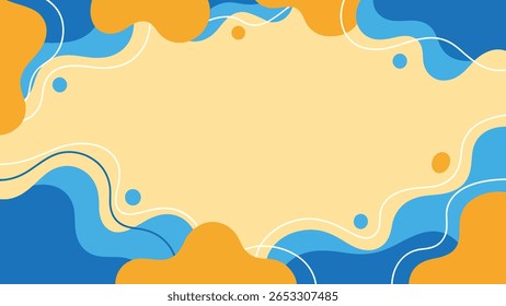 Fundo de estilo Memphis abstrato com formas fluidas em tons de laranja, azul e creme. O design apresenta curvas suaves, bolhas divertidas e elementos geométricos mínimos, perfeitos para apresentações, poste