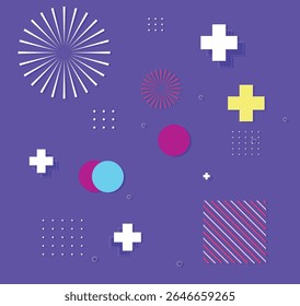 Abstract Memphis-style background with a vibrant mix of geometric shapes and dynamic lines on purple