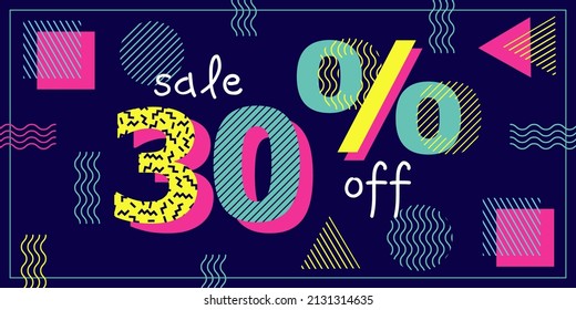 abstract Memphis-style discount coupon template. bright neon colors, geometric shapes, numbers and percentages. flat drawing. stock vector illustration. EPS 10.