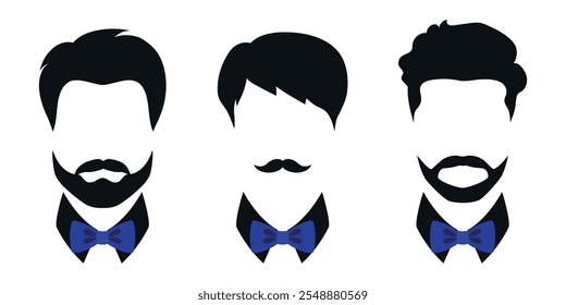 Abstract men in bow ties. Men hairstyles set decorated with blue bow tie. Gentlemen. Vector illustration