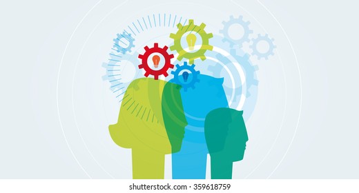 Abstract Men and Woman Heads with gears and LightBulb icons