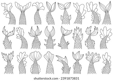 Abstract mermaid tails drawing vector illustration. Marine fairy tale siren fins lined doodle style design isolated set. Underwater fantastic creature character body part pattern different shape