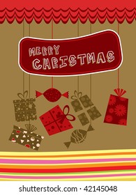 abstract merry christmas background with hanging toffee, gift bag