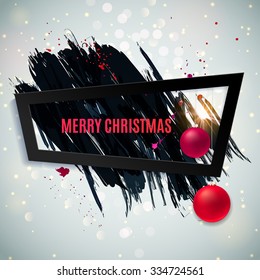 Abstract Merry Christmas background with red Christmas balls and black paint splashes. Vector illustration