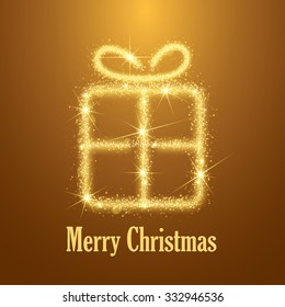 Abstract Merry Christmas gift box on golden background. Sparkles drawing. Vector illustration