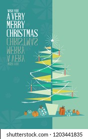 Abstract Merry Christmas Greeting Card Mid Century Mod Christmas Tree Design Concept. Vector Illustration Background