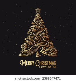 abstract merry christmas and happy new year golden design poster, greeting card on black background with xmas tree vector, illustration. modern elegant luxury clean template design confetti and star