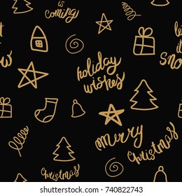 Abstract Merry Christmas seamless pattern with lettering. Scandinavian style. Vector illustration
