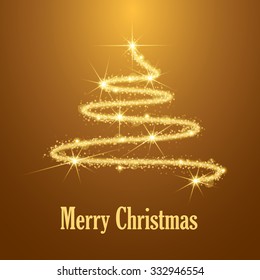Abstract Merry Christmas tree on golden background. Sparkles drawing. Vector illustration