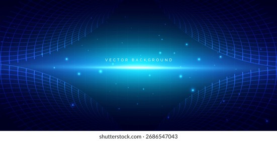Líneas de curva de malla Abstractas azul brillante con efecto de iluminación brillante sobre fondo azul oscuro. Concepto de ciencia de la Tecnología. Ilustración vectorial