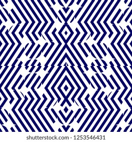 Abstract mesh geometric seamless pattern vector illustration background. Blue and white colors striped lines for fashion textile print and wall art deco.