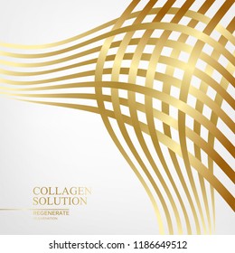 Abstract mesh of golden lines isolated over white background. Text place with template Collagen Solution sign in left bottom corner. Vector illustration.