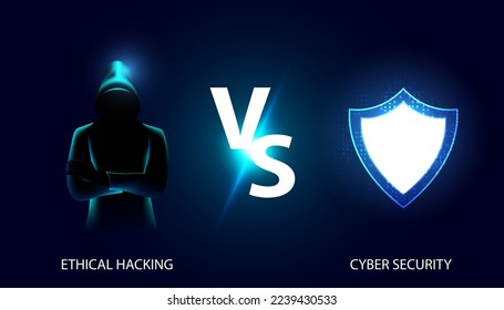 Abstract mesh hacker and shield cybersecurity concept vs comparison between ethical hacking ethical attack white-hat hacking and system on beautiful blue background digital futuristic modern