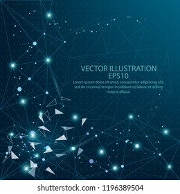 Abstract mesh line and composition digitally drawn starry sky or space in the form of broken a part triangle shape and scattered dots low poly wire frame on blue background.