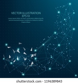 Abstract mesh line and composition digitally drawn starry sky or space in the form of broken a part triangle shape and scattered dots low poly wire frame on blue background.