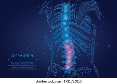 Línea de malla abstracta y fisioterapia de punto en la columna vertebral humana. Operación quirúrgica de área de dolor de popa baja. Ilustración vectorial de la parte trasera de la poligonal