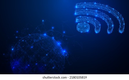 Abstract mesh line low poly of wifi icon signal isometric layout communication with blue digital 3D sphere shape technology design concept vector.