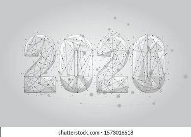 Abstract mesh line and point 2020. Vector New Year illustration. Polygonal low poly future technology background. Geometric Greeting card. 