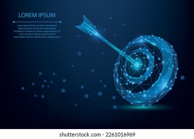 Abstrakte Maschenlinie und Punkt Bullseye oder Ziel. Low-Poly-Tor-Konzept mit leuchtendem, polygonalen Ziel und Pfeil. Polygonale, futuristische Vektorgrafik