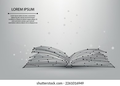 Abstract mesh line and point open book. Low poly education concept. Polygonal vector futuristic illustration