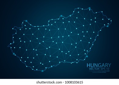 Abstract mesh line and point scales on dark background with map of Hungary. Wire frame 3D mesh polygonal network line, design sphere, dot and structure. Vector illustration eps 10.