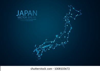 Abstract mesh line and point scales on dark background with map of Japan. Wire frame 3D mesh polygonal network line, design sphere, dot and structure. Vector illustration eps 10.