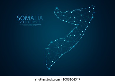 Abstract mesh line and point scales on dark background with map of Somalia. Wire frame 3D mesh polygonal network line, design sphere, dot and structure. Vector illustration eps 10.