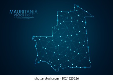 Abstract mesh line and point scales on dark background with map of Mauritania. Wire frame 3D mesh polygonal network line, design sphere, dot and structure. Vector illustration eps 10.
