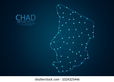 Abstract mesh line and point scales on dark background with map of Chad. Wire frame 3D mesh polygonal network line, design sphere, dot and structure. Vector illustration eps 10.