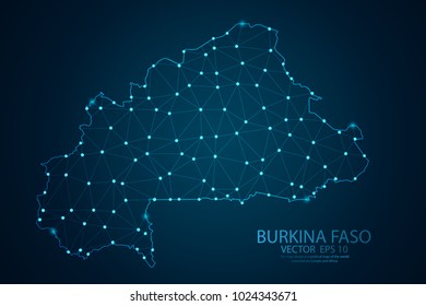 Abstract mesh line and point scales on dark background with map of Burkina Faso. Wire frame 3D mesh polygonal network line, design sphere, dot and structure. Vector illustration eps 10